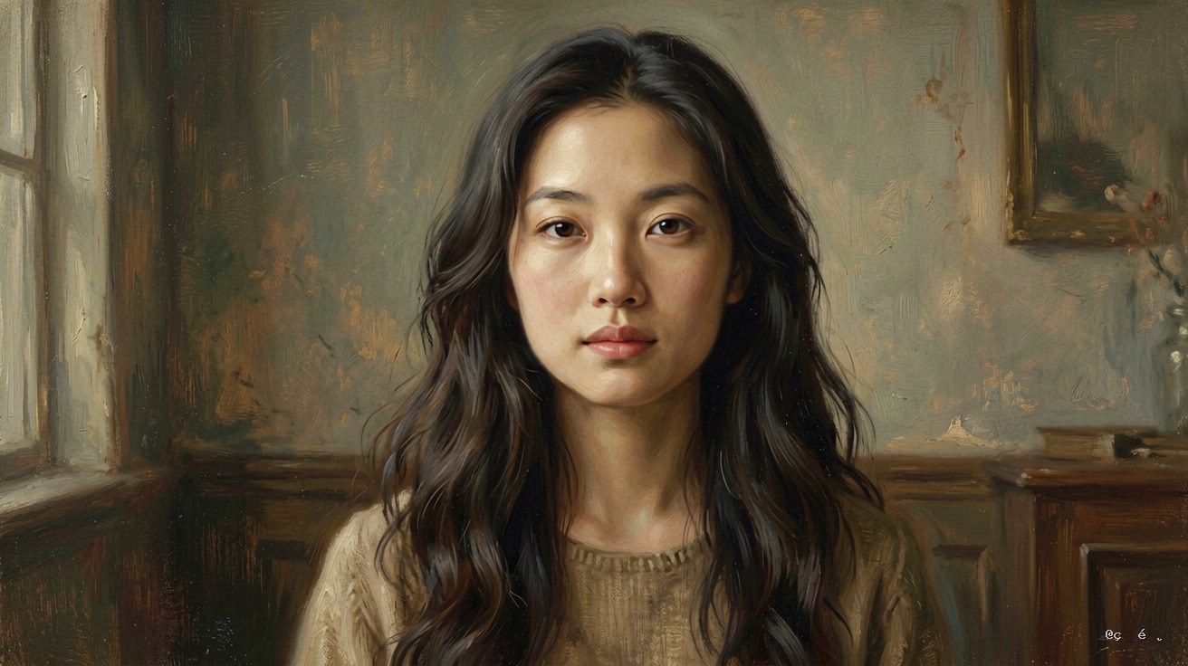 文艺长发女子头像，复古油彩画风，静谧氛围