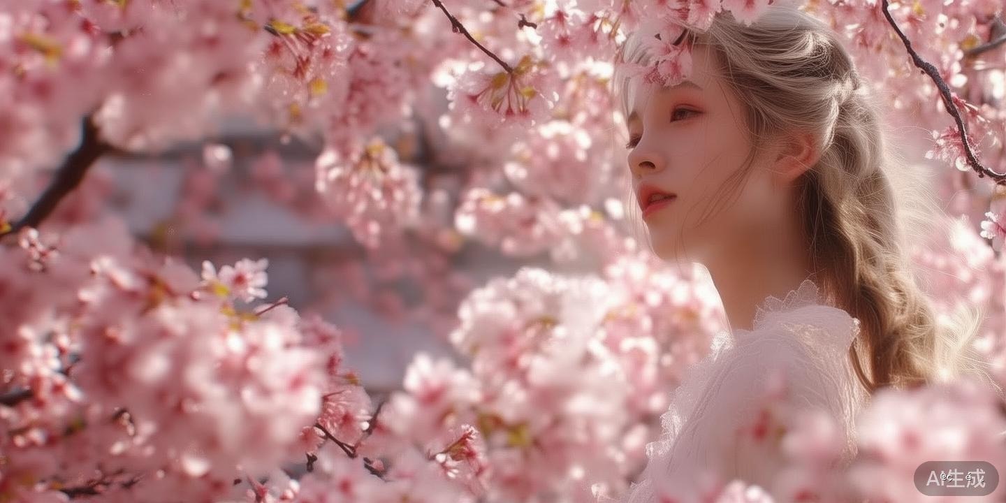 浪漫樱花雨，唯美少女，梦幻色调，清新背景