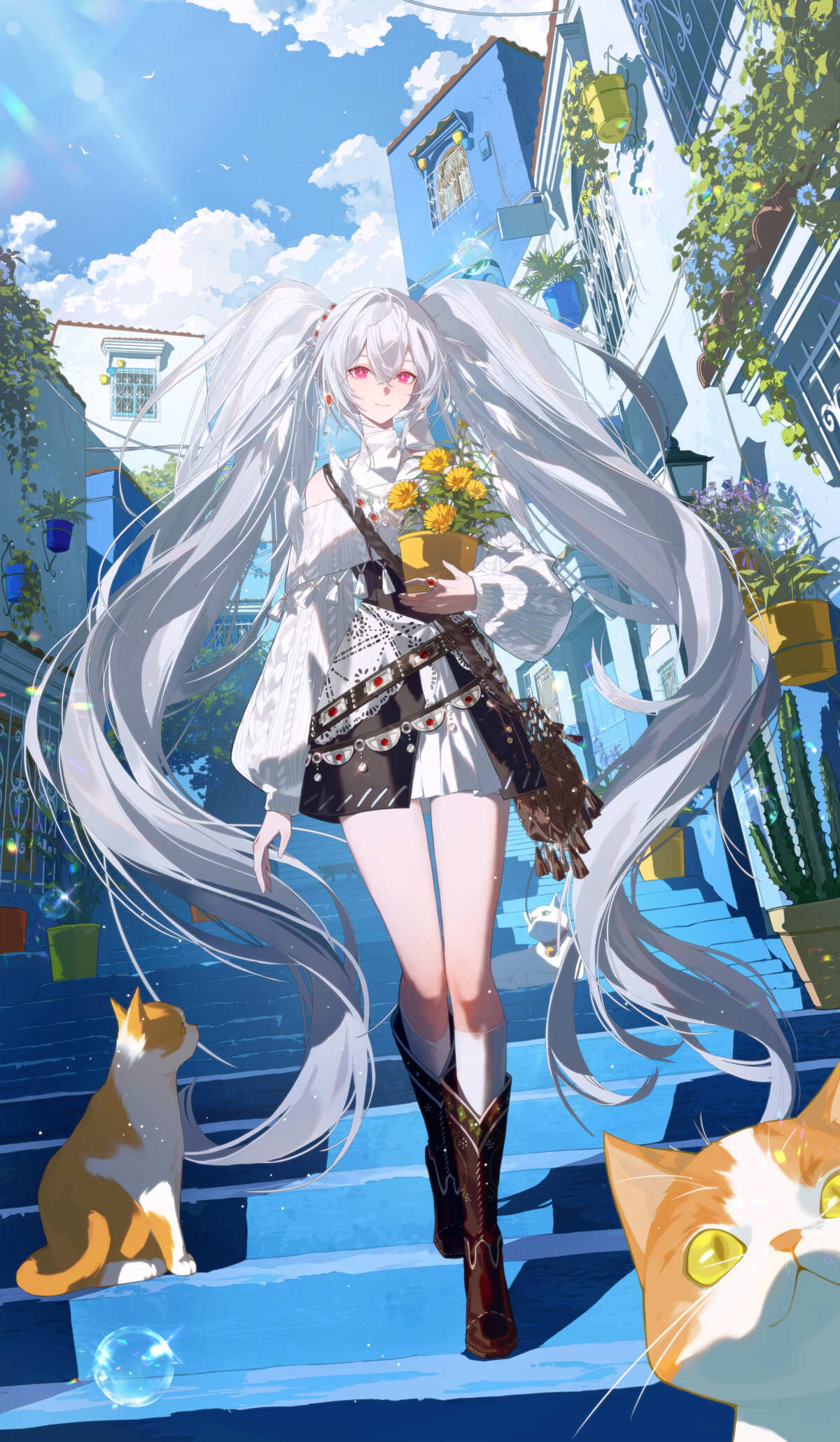 银发少女与猫咪