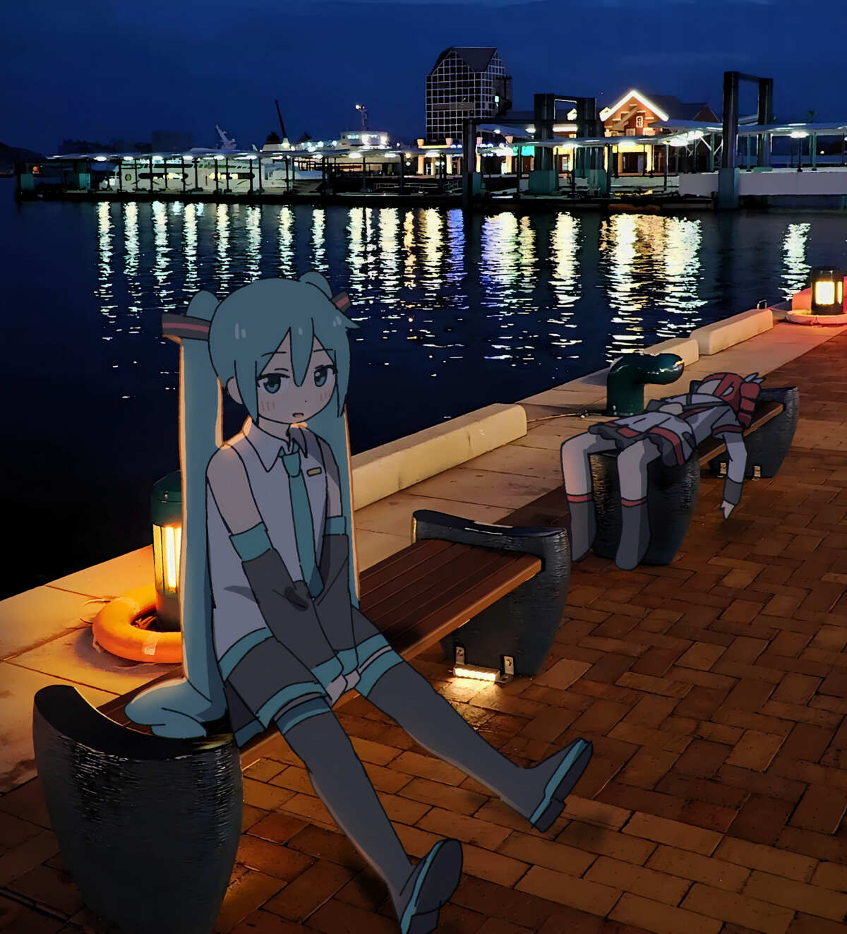 夜晚港口动漫女孩