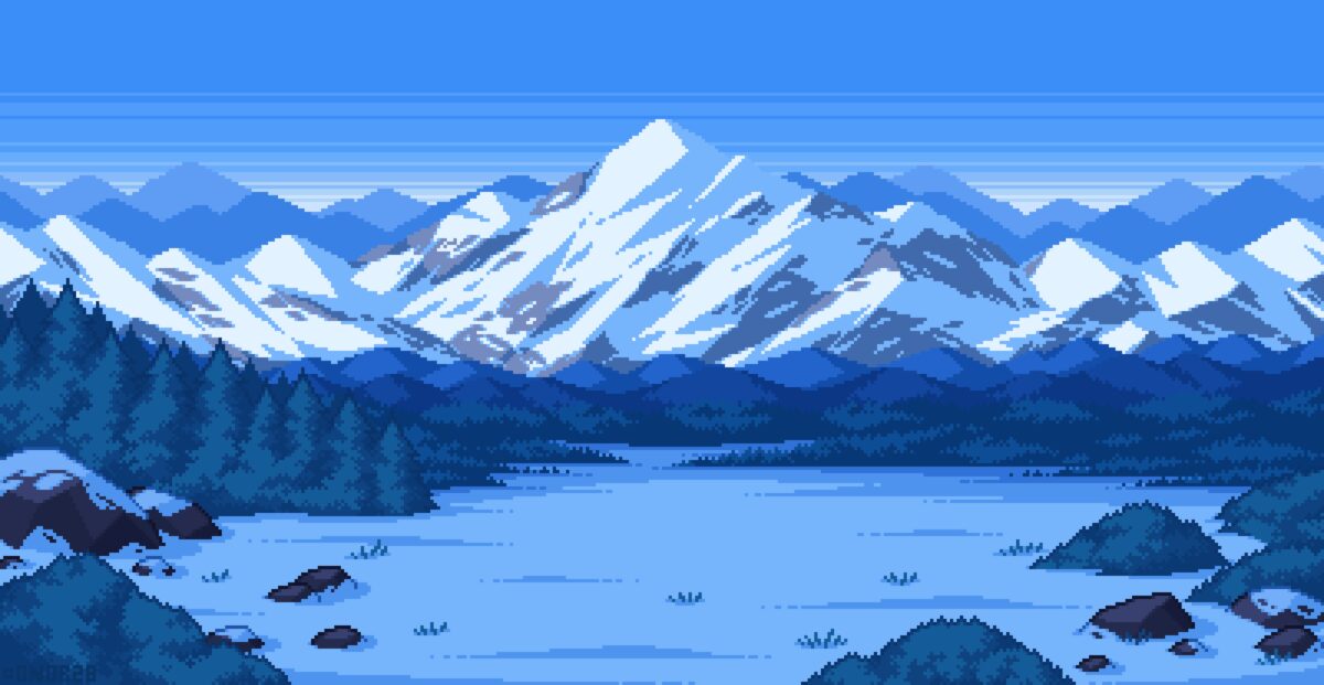 雪山湖景像素风壁纸