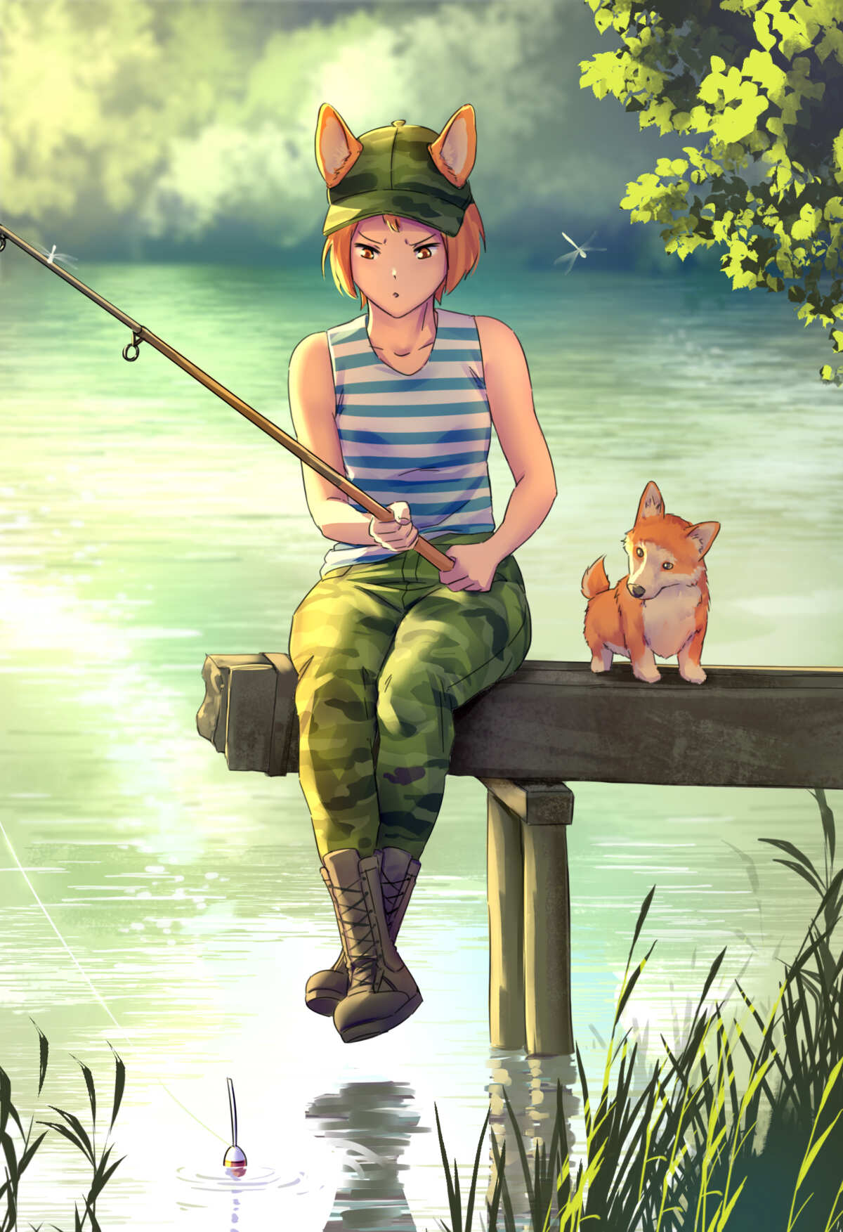 湖畔钓鱼少女