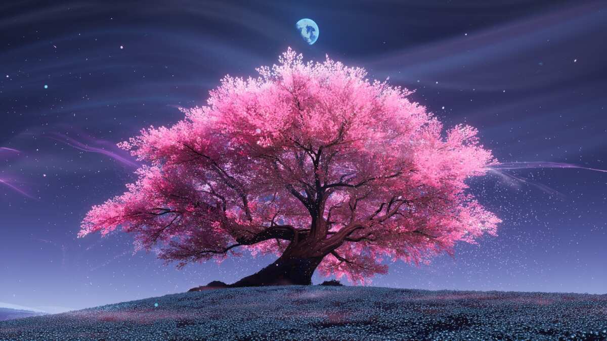 星空下的粉樱树