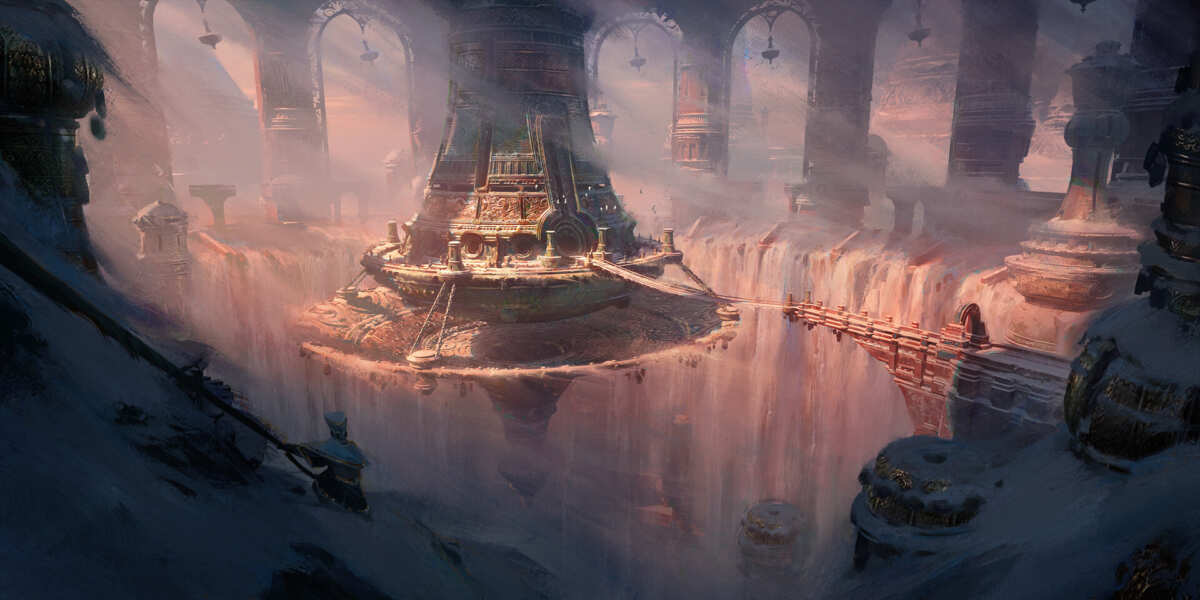 神秘瀑布古建筑