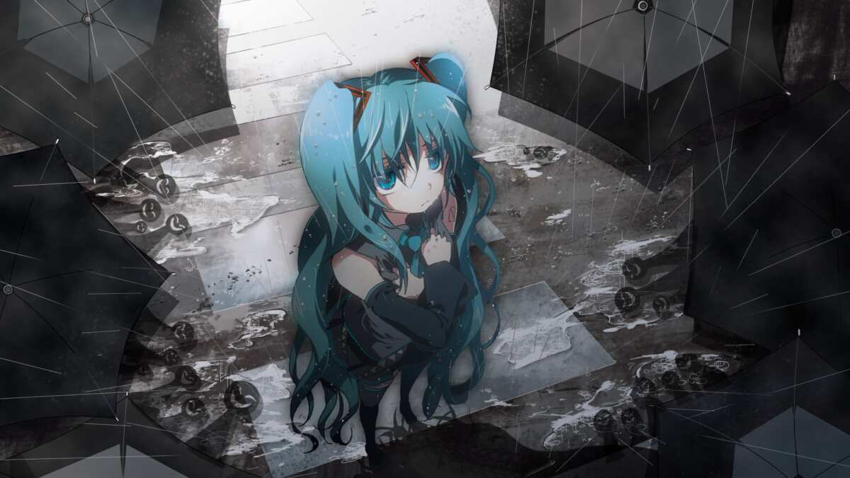 雨中蓝发少女