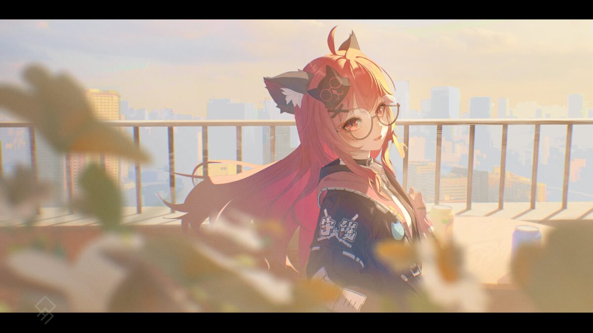 粉发猫耳少女城市风光桌面壁纸