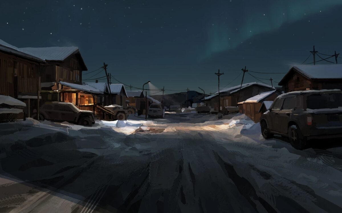 北极光下的雪夜村庄