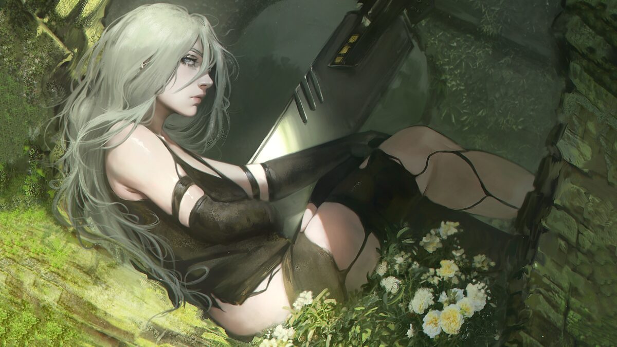 白发少女与花朵