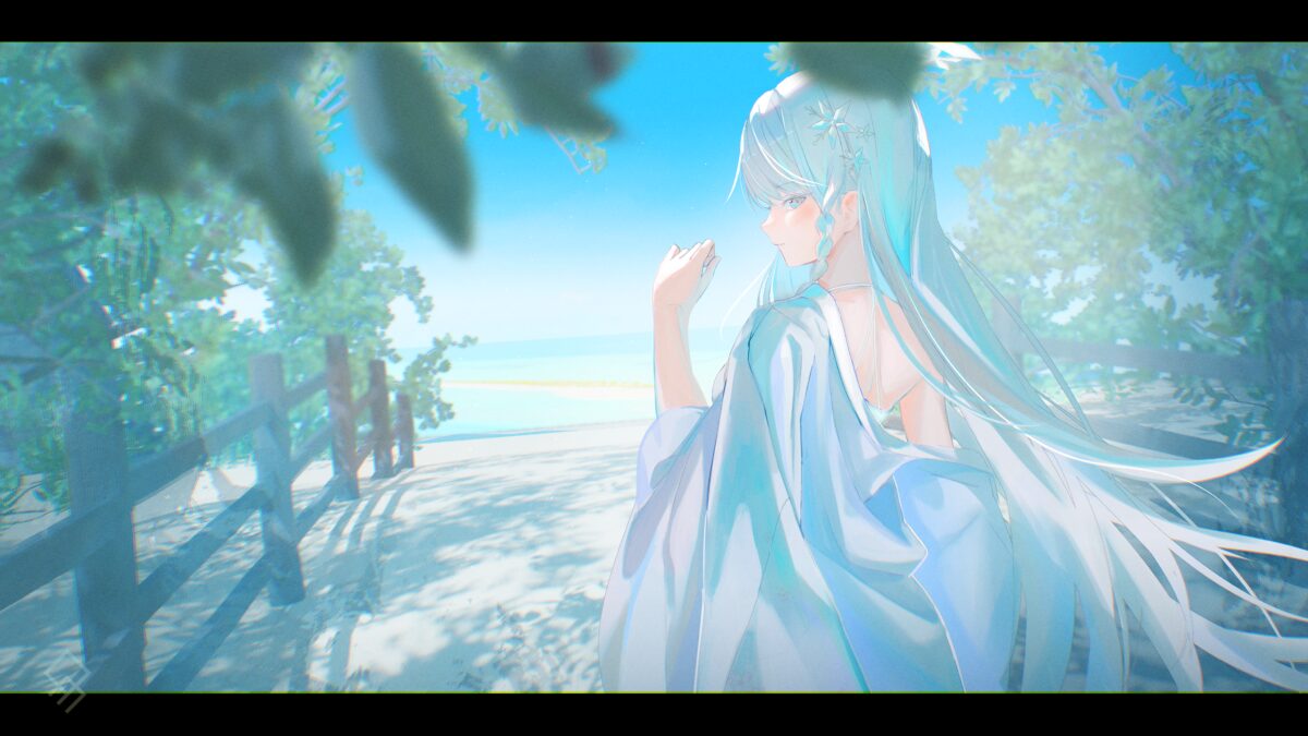 蓝发少女海边漫步