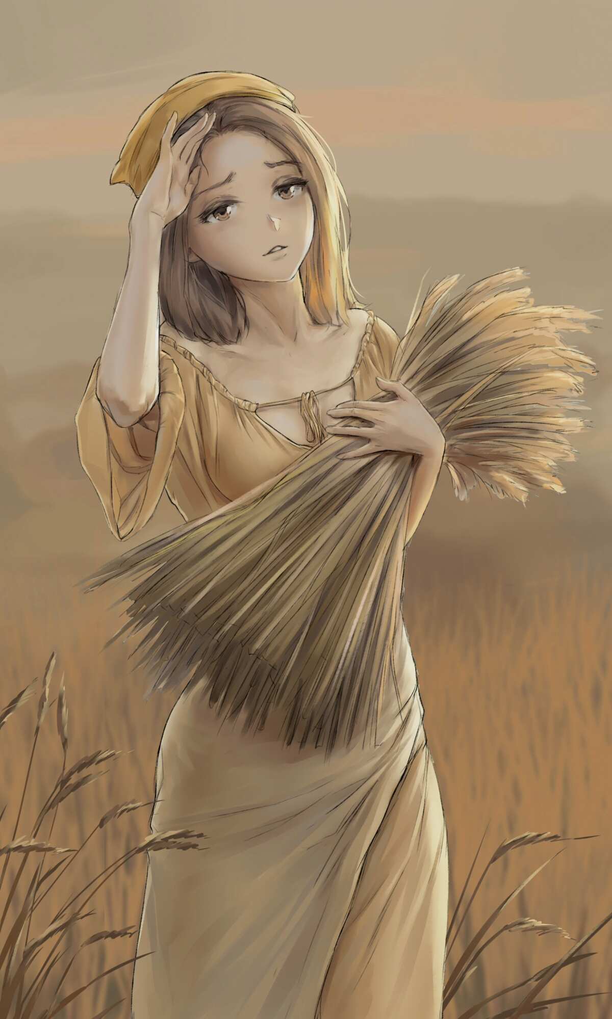 金黄麦田中的沉思少女
