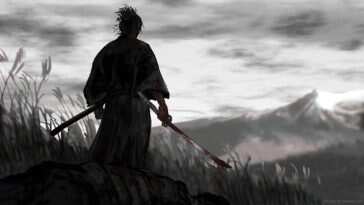 宫本武藏血色武士刀在田野间流浪的黑白动漫动态壁纸，适合桌面背景