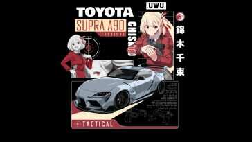 高清动态壁纸，丰田Supra A90与动漫角色Chisato Nishikigi科幻对视，背景枪支元素，桌面背景适用