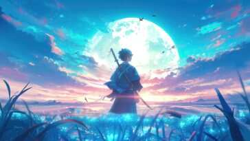 高清动态壁纸，月下武士英姿，日式夜景，云朵飘渺，花朵点缀