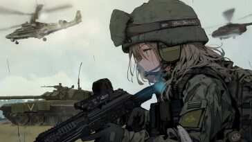 高清动漫女兵迷彩服军事装备动态壁纸，蓝天白云背景，直升机盘旋