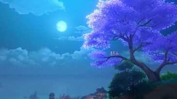 高清动态壁纸，原神游戏主题，樱花飘落，月光夜景，浪漫氛围，云彩动态，治愈系壁纸