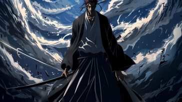 高清日式武士漫步海浪动态壁纸，和服武士手持刀剑，背景云彩飘渺