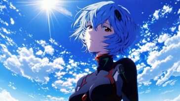 《新世纪福音战士》Rei Ayanami主题高清动态壁纸，蓝天背景，霓虹灯光闪烁，适合桌面和手机使用