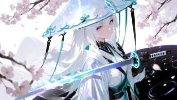 高清樱花背景剑舞少女日式神社风格动态壁纸