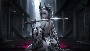高清日式动漫女孩动态壁纸，手持武士刀，身穿和服，紫色眼眸神秘迷人