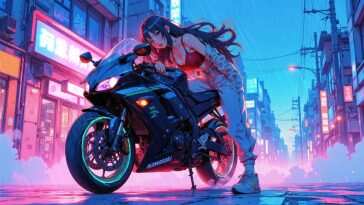 赛博朋克风格动漫女孩骑手霓虹夜色动态壁纸，高清分辨率，适合桌面使用
