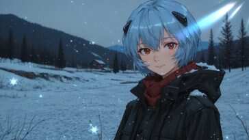 高清动态壁纸，雪中绫波丽，蓝色长发，红色眼眸，动漫桌面背景