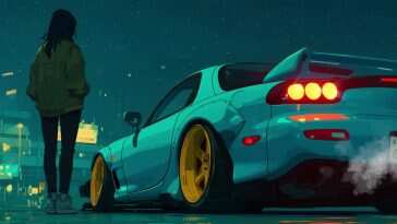 高清动漫美女与Mazda RX-7跑车秋夜美景动态壁纸，适合桌面和手机使用