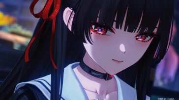 高清动态壁纸，少女Chisa凝视红眼，清新风格，模糊背景，适合桌面背景