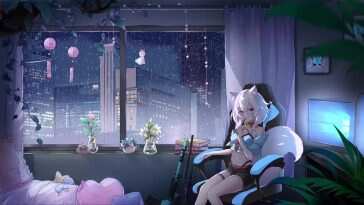 猫咪游戏玩家雨夜动态壁纸