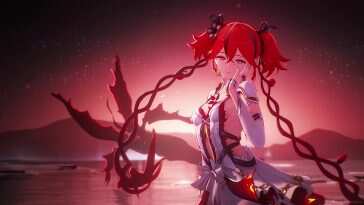 动漫动态壁纸：花海中的微笑红发少女