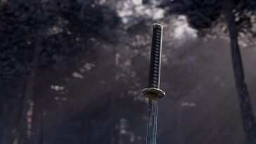 高清《浪人剑客》动漫主题动态壁纸，剑客挥舞武士刀，森林背景，黑白风格，静谧氛围