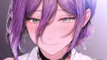 高清动漫角色Reze Blushing Chainsaw Man动态壁纸，绿色眼睛紫色短发，个性治愈