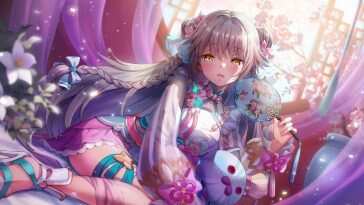 高清动漫角色Charlotta Skopovskaya在红色天空下凝视观众，发饰扇子点缀，动态壁纸