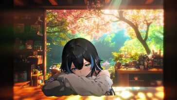 高清樱花动漫女孩咖啡馆治愈系动态壁纸