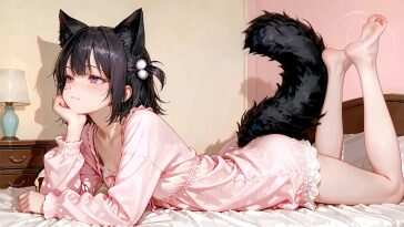 高清动漫女孩猫耳装饰动态壁纸，慵懒姿态，温馨治愈，2560x1440分辨率
