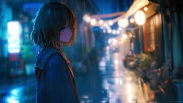 高清动漫少女校服雨中漫步动态壁纸，适合桌面和手机使用，带来沉浸式视觉体验