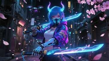 赛博霓虹武士樱花动态壁纸