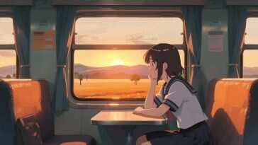 动漫少女火车夕阳动态壁纸