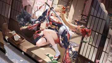 高清动漫女孩和服武士刀樱花背景动态壁纸，适合桌面和手机