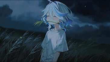 原神主题神秘午夜草地高清动态壁纸，闭眼美少女闭目沉思，云朵与树叶映衬，营造忧郁宁静氛围