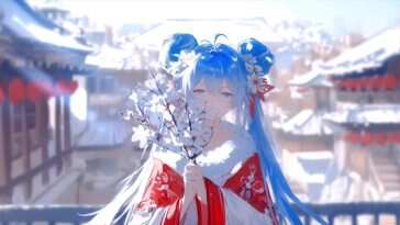 Miku新年雪花飘落动态壁纸，高清分辨率，节日氛围浓厚，适合桌面动态壁纸