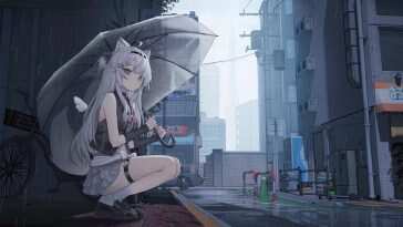 动漫狼少女雨天街头动态壁纸