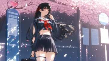 高清樱花飘落动漫风格校服少女红眼特效动态壁纸
