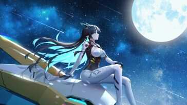 高清动态壁纸，机甲动漫女孩赏月，静谧夜晚，3840x2160分辨率，适合桌面和手机