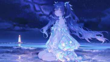高清星空海洋动漫女孩动态壁纸，展现夜晚海洋宁静神秘之美