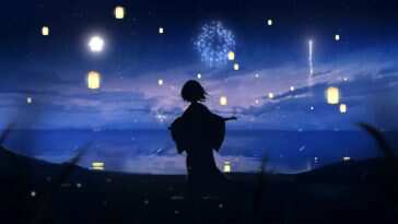 夜空飘灯烟花动态壁纸