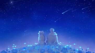 星空下的治愈花海动态壁纸，高清分辨率，蓝色天空与花海相映成趣，营造宁静氛围