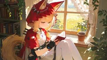 《明日方舟》角色Rossi夜晚田野阅读书籍动态壁纸，高清分辨率，适合桌面和手机