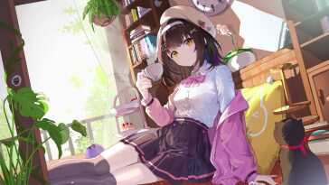 高清动漫女孩校服茶歇动态壁纸，温柔注视，适合桌面背景