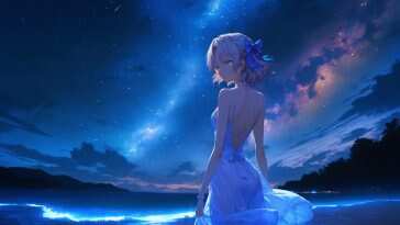 高清海滩夜景动态壁纸，绿色眼睛少女凝视星空，华丽服饰，浪漫氛围，星空银河点缀