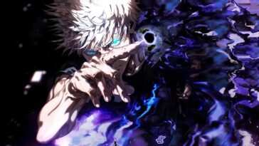 Jujutsu Kaisen中Satoru Gojo角色在紫色虚空背景下的动态壁纸，高清4K分辨率，适合桌面使用